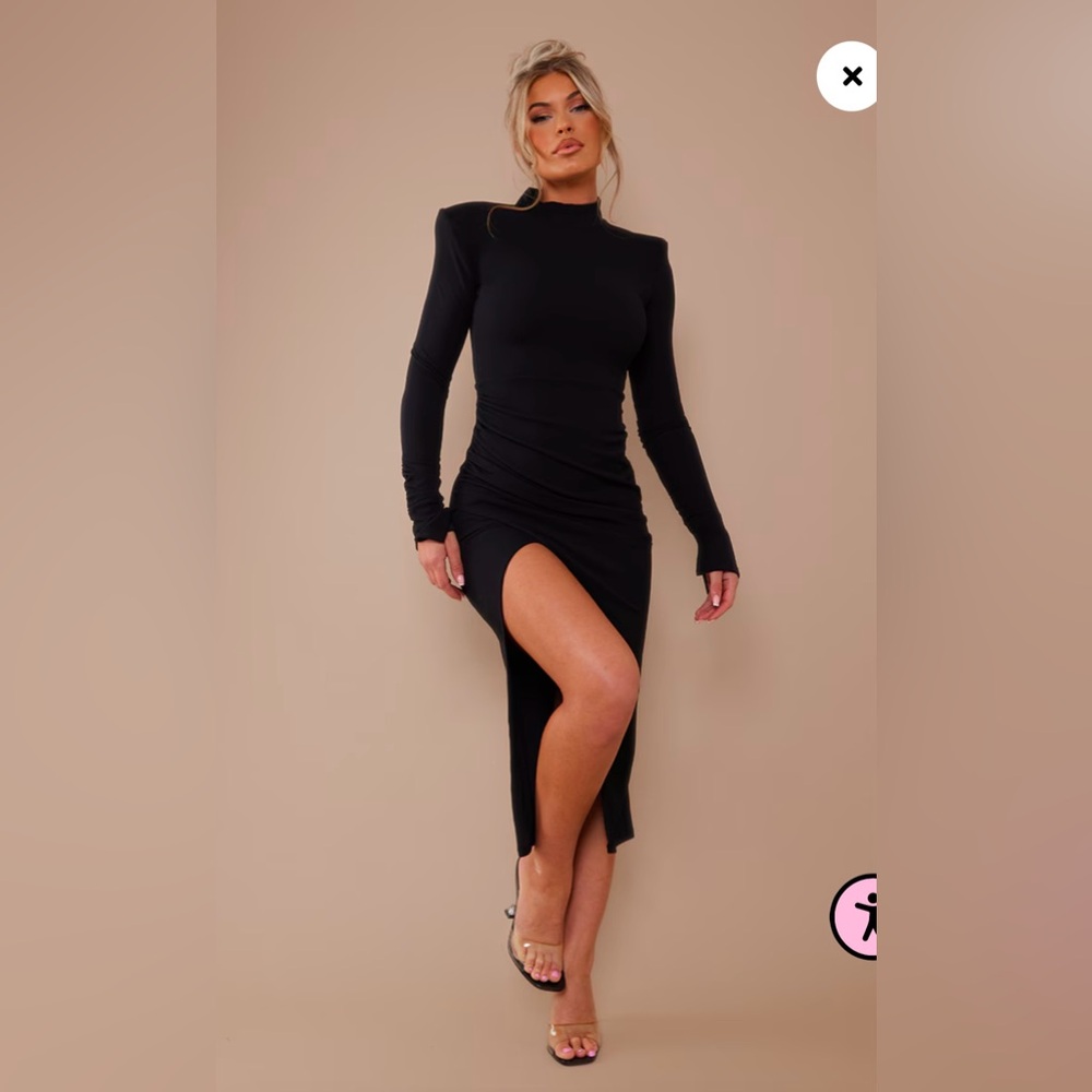 PLT Black Crepe High Neck Split Sleeve Midi Dress